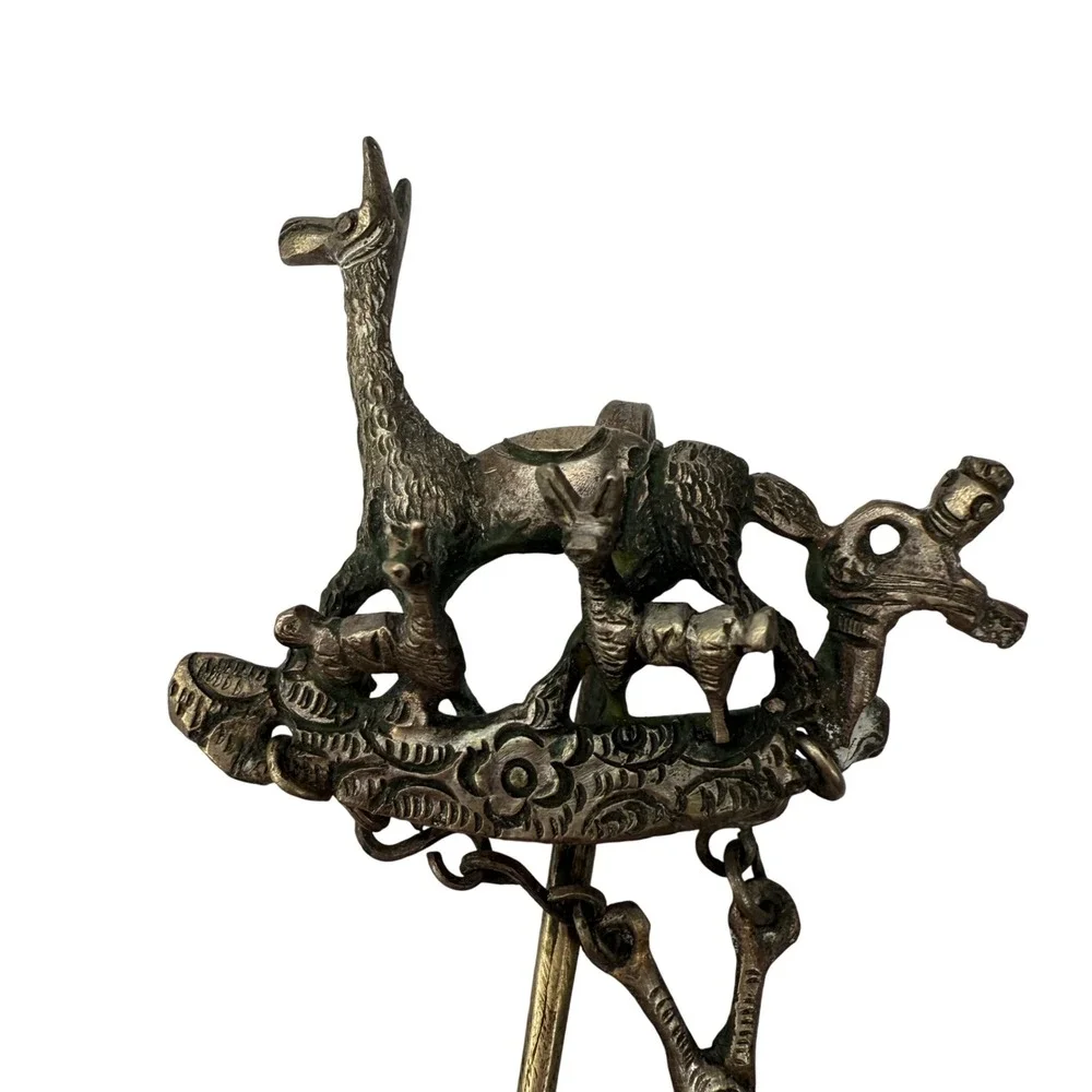 Vintage Andean Tupu Shawl Pin Brooch Llama‎ With Scissors Folk Art Peru Bolivia